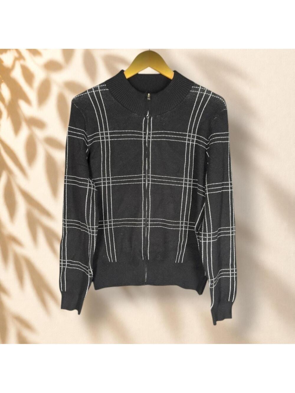 New Indigo Rose Full Zip Sweater Women L Large Black Geometric Knit Long Sleeve